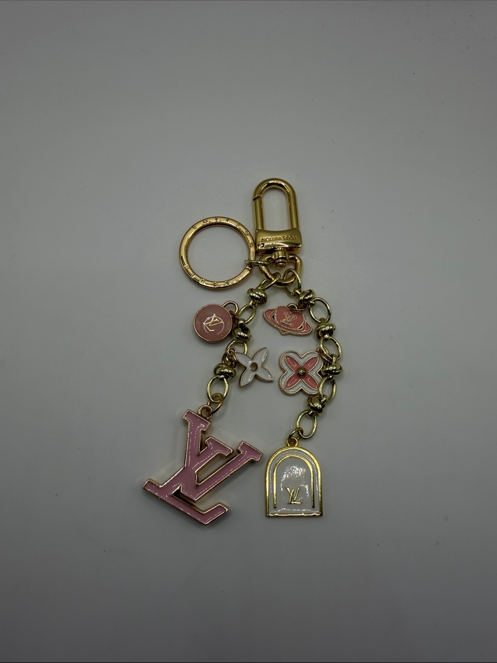 1411.  Pink & White Enamel Monogram Charm Key Holder with Gold Hardware